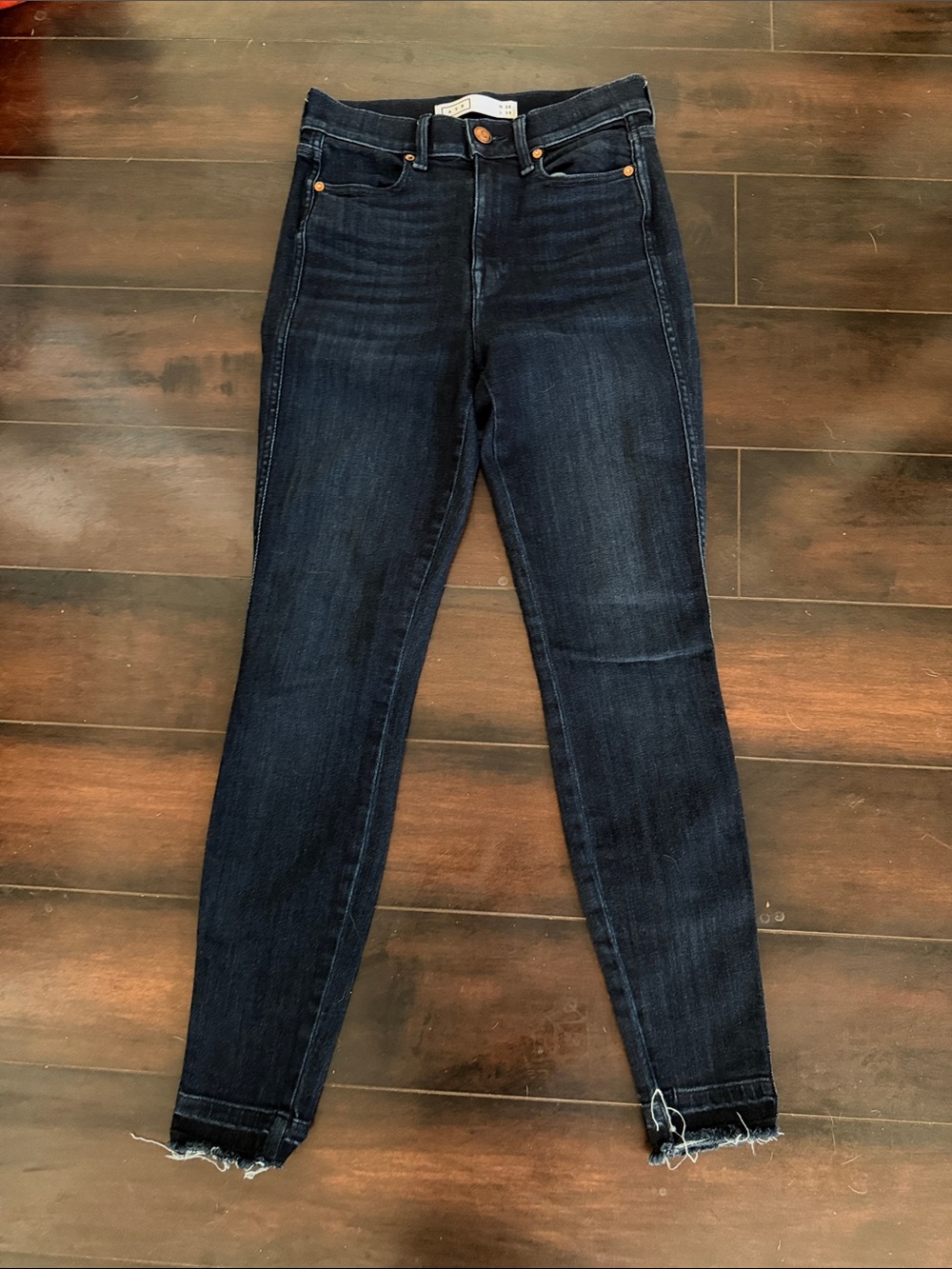 AYR Jeans The Riser High Rise Stretch Raw Hem Dark Blue Denim Jeans